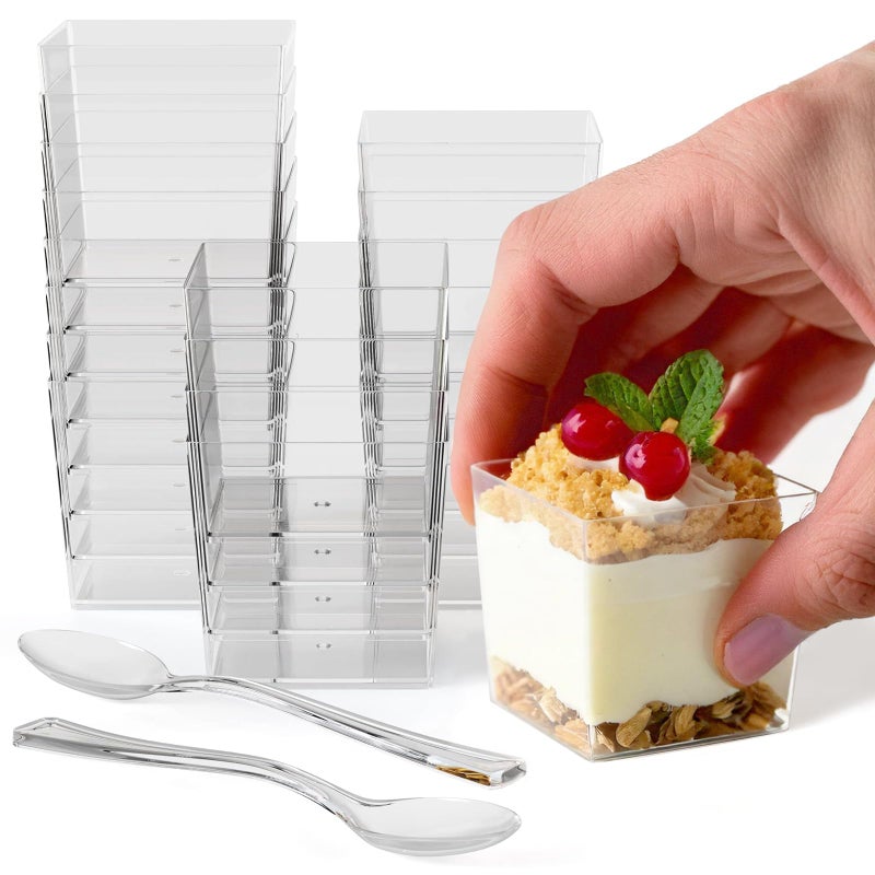 Exquisite Mini Dessert Cups with Spoons 200 pcs - 3.1 Oz Square Plastic Dessert Cups Disposable with Tasting Spoons 100 sets | Mini Parfait Cup | Appetizer Cup for Party - Image 1