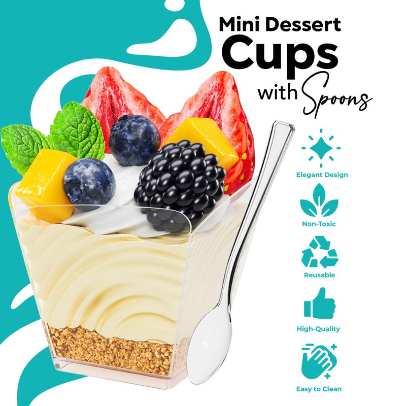 Exquisite Mini Dessert Cups with Spoons 200 pcs - 3.1 Oz Square Plastic Dessert Cups Disposable with Tasting Spoons 100 sets | Mini Parfait Cup | Appetizer Cup for Party - Image 4