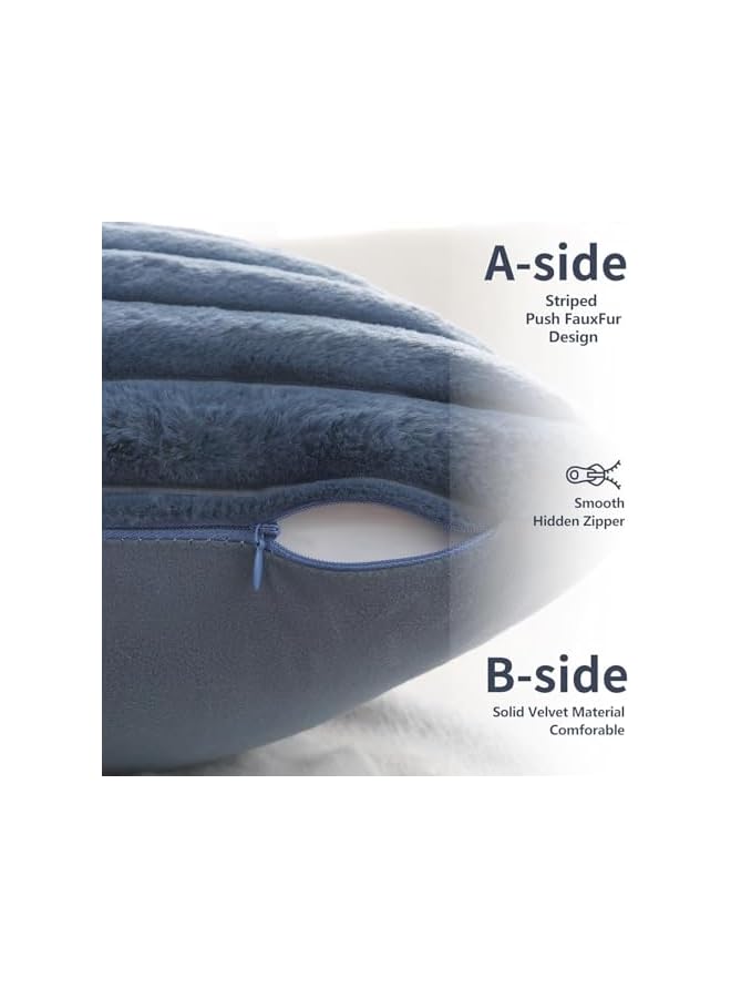 The Bros أغطية وسائد زخرفية مخططة 18x18 بوصة مجموعة من 2، زينة ربيعية مربعة لوسائد الأريكة، ناعمة ومريحة من فرو الأرنب الصناعي وظهر من المخمل، ديكور حديث للمنزل للسرير 45x45 سم (رمادي أزرق) - Image 4
