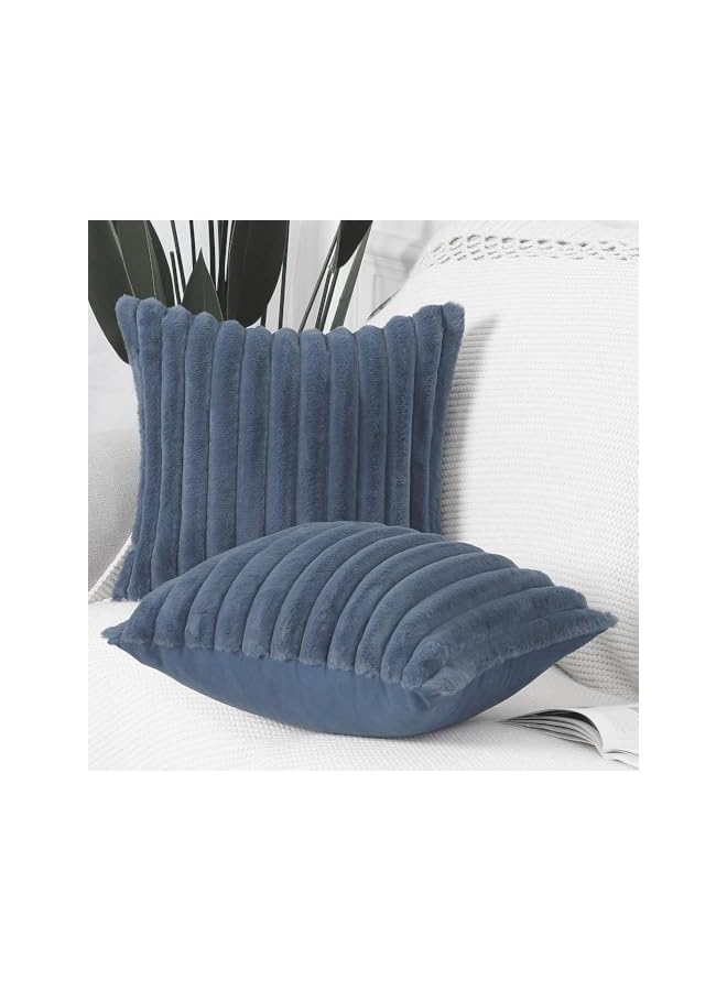 The Bros أغطية وسائد زخرفية مخططة 18x18 بوصة مجموعة من 2، زينة ربيعية مربعة لوسائد الأريكة، ناعمة ومريحة من فرو الأرنب الصناعي وظهر من المخمل، ديكور حديث للمنزل للسرير 45x45 سم (رمادي أزرق) - Image 2