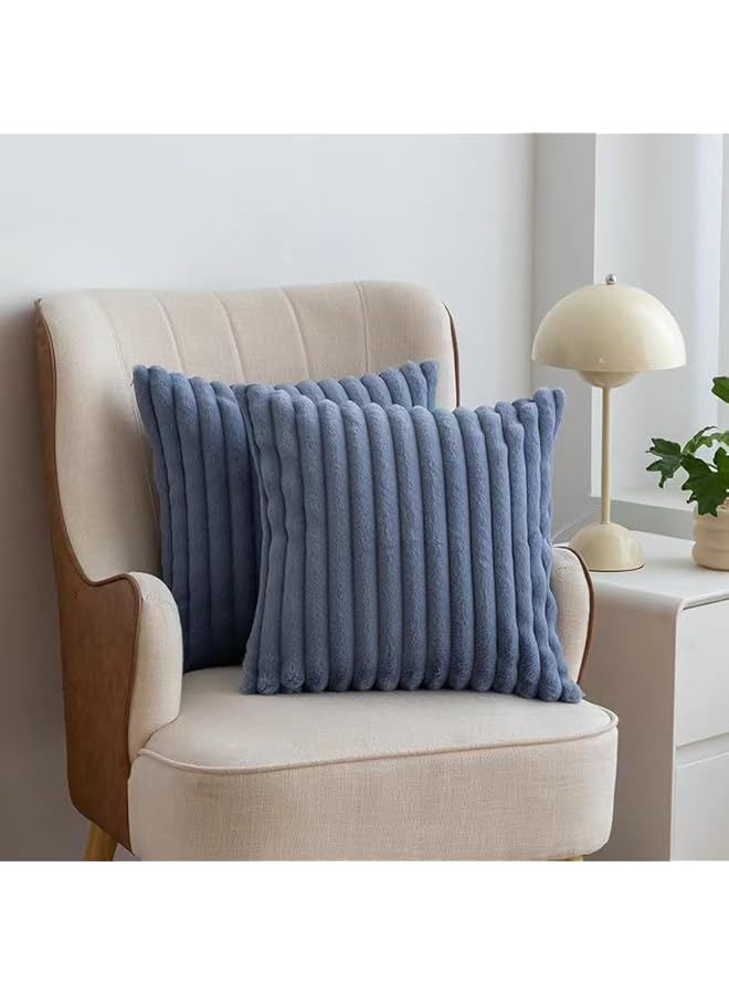 The Bros أغطية وسائد زخرفية مخططة 18x18 بوصة مجموعة من 2، زينة ربيعية مربعة لوسائد الأريكة، ناعمة ومريحة من فرو الأرنب الصناعي وظهر من المخمل، ديكور حديث للمنزل للسرير 45x45 سم (رمادي أزرق) - Image 1