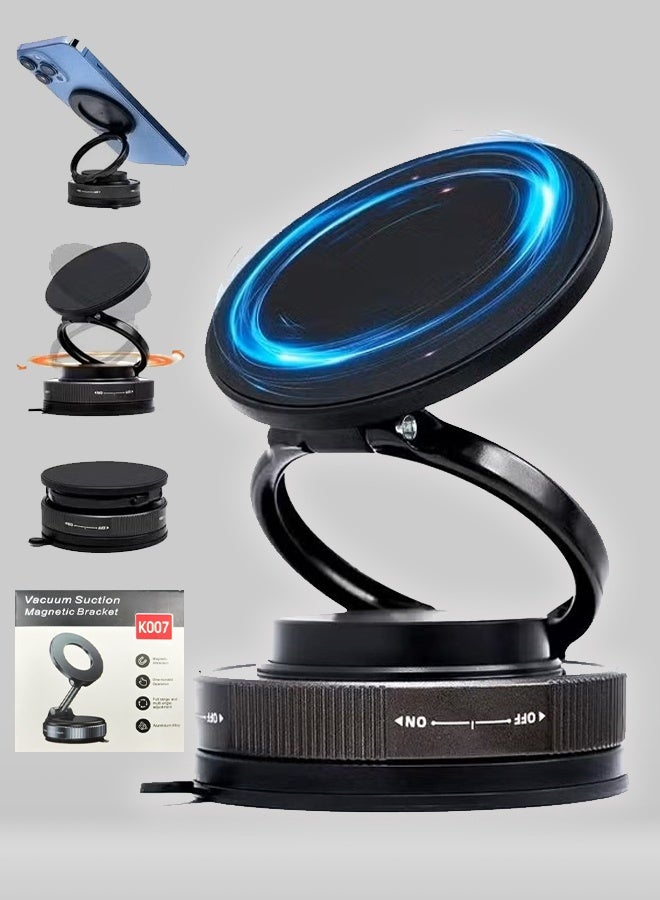 ‌Upgraded Vacuum Magnetic Car Phone Mount - Features Dual Lock Anti-Vibration,Tri-Fold Design, 360° Rotating Foldable Dashboard Suction Cup Holder ,Universal Compatibility for Smartphones (Black) - Image 1