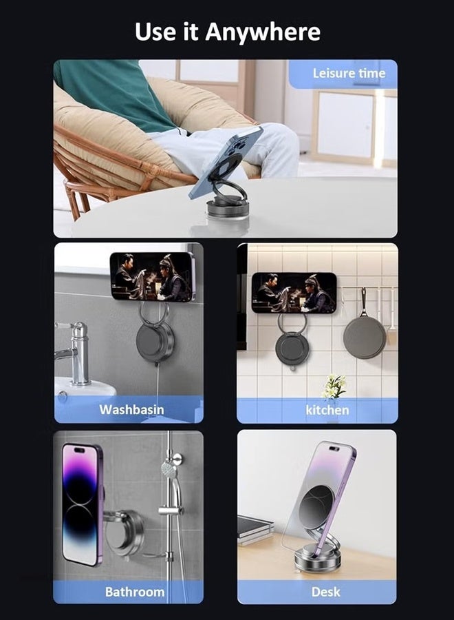 ‌Upgraded Vacuum Magnetic Car Phone Mount - Features Dual Lock Anti-Vibration,Tri-Fold Design, 360° Rotating Foldable Dashboard Suction Cup Holder ,Universal Compatibility for Smartphones (Black) - Image 3