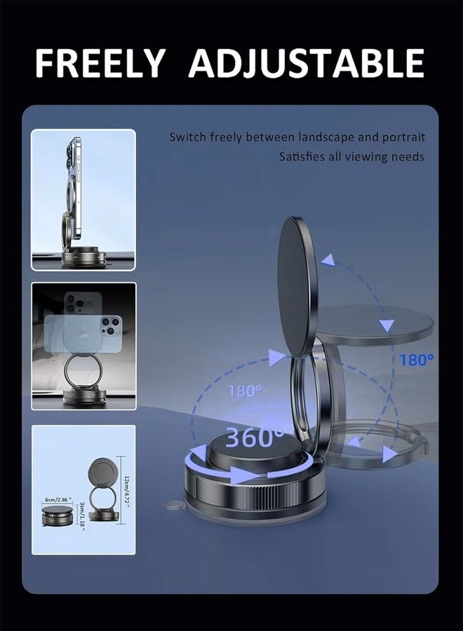 ‌Upgraded Vacuum Magnetic Car Phone Mount - Features Dual Lock Anti-Vibration,Tri-Fold Design, 360° Rotating Foldable Dashboard Suction Cup Holder ,Universal Compatibility for Smartphones (Black) - Image 2