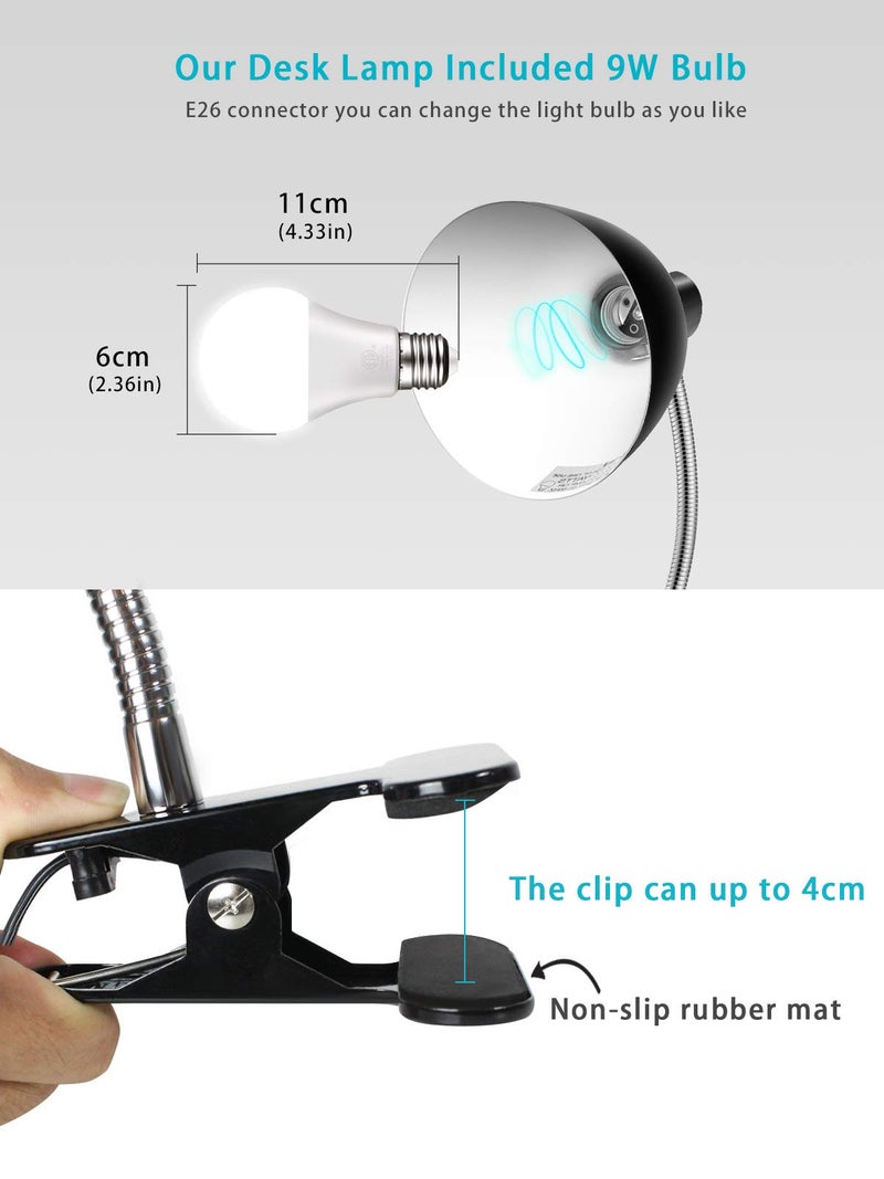 LALISU Desk lamp Eye-Caring Table Lamps, 360Â°Rotation Gooseneck Clip on Lamp Reading Light Portable Reading Book Light Clamp Study Desk Lamps for Bedroom and Office Home Lighting (Black) - Image 3