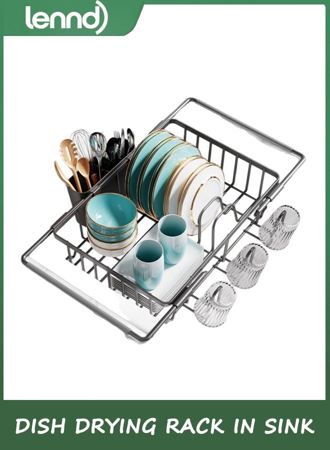LENND Dish Drying Rack in Sink, Expandable Stainless Steel Dish Drainers for Kitchen Counter, Dish Dryer Rack for Inside Sink, Over The Sink Dish Racks with Utensil Holder, Silver - Image 5
