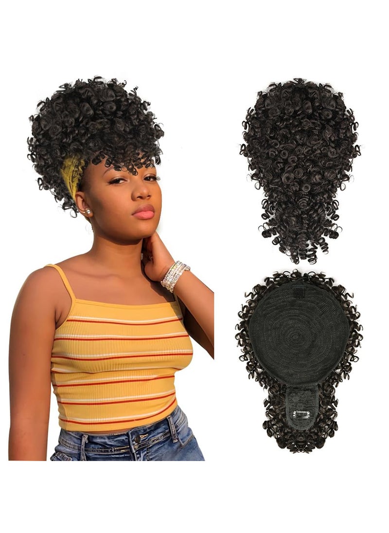 MODSIGHT MODSIGHT Afro Puff Drawstring Ponytail with Bangs Black Brown Kinky Curly Ponytail Bun with Bangs Updo Hairpieces Short Afro Puffs with Bang for Black Women Black Brown 2 