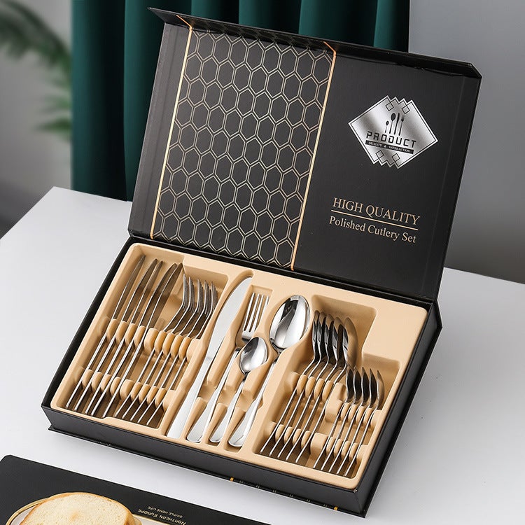 24-Piece Stainless Steel Western Cutlery Set with Nordic Style, Made in Jieyang, Available in Various Colors and Designs