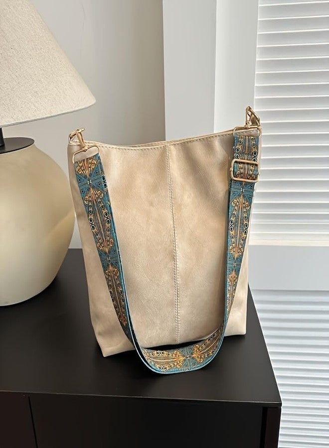 Kawn® Sling Bag for Women Girls with Wide Bohemian Guitar Strap Small Hobo Shoulder Bags For Work, Travel Vegan Leather Retro Fashion Crossbody Bag Ladies Purses with Zipper Handbags for Women (Beige) - Image 2