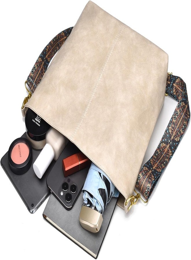 Kawn® Sling Bag for Women Girls with Wide Bohemian Guitar Strap Small Hobo Shoulder Bags For Work, Travel Vegan Leather Retro Fashion Crossbody Bag Ladies Purses with Zipper Handbags for Women (Beige) - Image 3