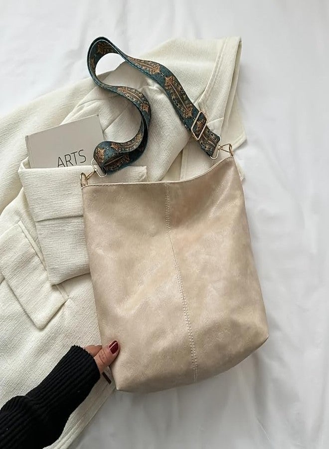 Kawn® Sling Bag for Women Girls with Wide Bohemian Guitar Strap Small Hobo Shoulder Bags For Work, Travel Vegan Leather Retro Fashion Crossbody Bag Ladies Purses with Zipper Handbags for Women (Beige) - Image 5