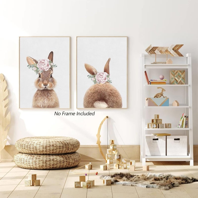 Joocrise Bunny Rabbit Wall Art Baby Girl Nursery Wall Art UNFRAMED, Nursery Canvas Prints Bunny Pictures for Nursery Room Decor Nursery Artwork Baby Woodland Animal Pictures 16x24 Inch, Set of 2 - Image 3