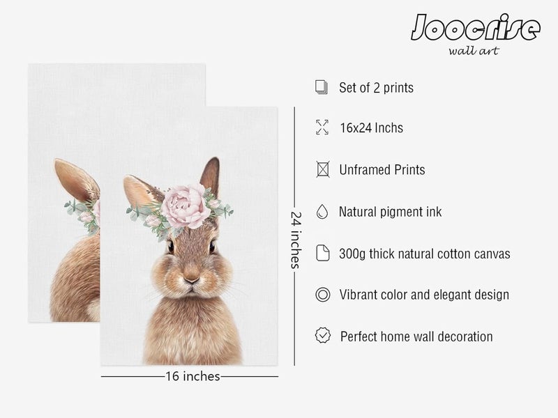 Joocrise Bunny Rabbit Wall Art Baby Girl Nursery Wall Art UNFRAMED, Nursery Canvas Prints Bunny Pictures for Nursery Room Decor Nursery Artwork Baby Woodland Animal Pictures 16x24 Inch, Set of 2 - Image 2