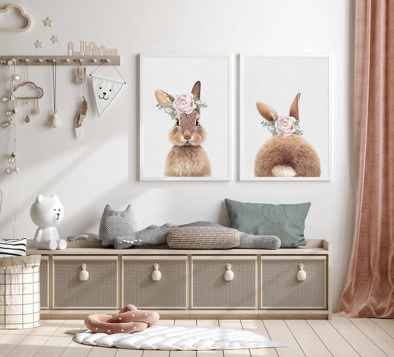 Joocrise Bunny Rabbit Wall Art Baby Girl Nursery Wall Art UNFRAMED, Nursery Canvas Prints Bunny Pictures for Nursery Room Decor Nursery Artwork Baby Woodland Animal Pictures 16x24 Inch, Set of 2 - Image 4