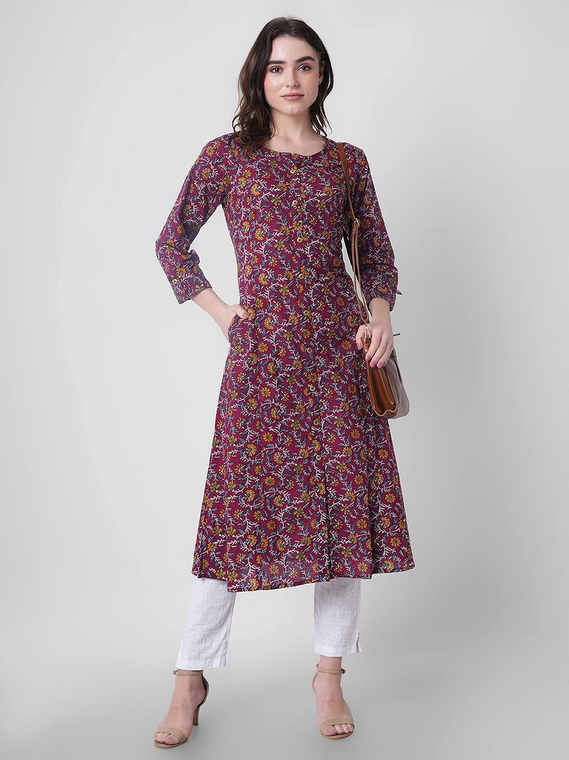 YUVVIK Women’s Stylish Pure Cotton Printed A-Line Kurti with Gold Button | Ethnic Wear for Women & Girls | Short Kurti for Jeans, Office & Casual Wear | Fancy Western Peplum Kurta Top - Image 2