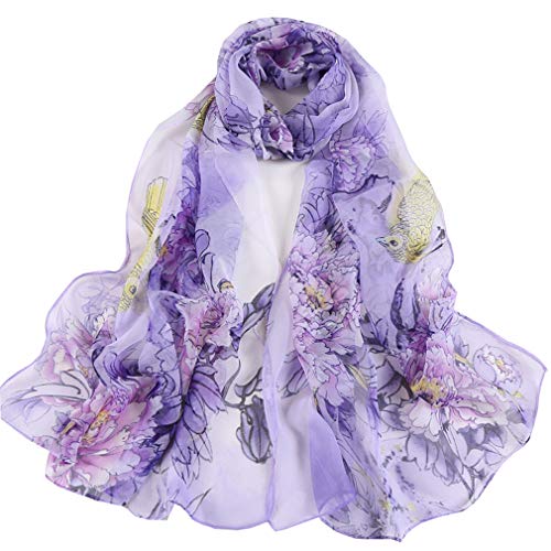 E-Clover Herebuy - Unique Women's Floral Scarves: Chiffon Flowers & Birds Printed Scarf Wedding Party Shawl Wrap Dating Gift Purple Yellow Mothers Day Gift - Image 1