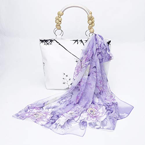E-Clover Herebuy - Unique Women's Floral Scarves: Chiffon Flowers & Birds Printed Scarf Wedding Party Shawl Wrap Dating Gift Purple Yellow Mothers Day Gift - Image 4