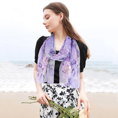E-Clover Herebuy - Unique Women's Floral Scarves: Chiffon Flowers & Birds Printed Scarf Wedding Party Shawl Wrap Dating Gift Purple Yellow Mothers Day Gift - Image 2