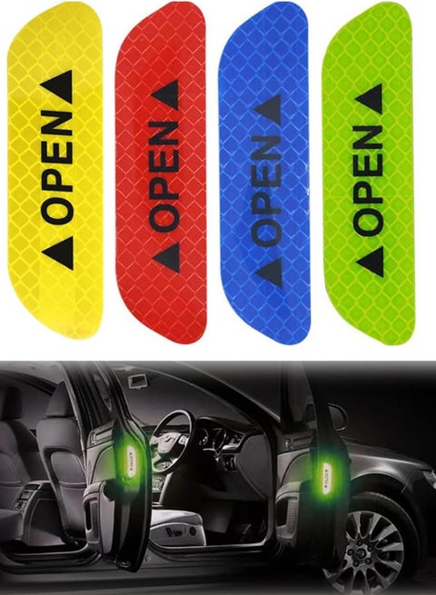 Universal-fit, reflective warning sticker set with the word "Open" printed on the car door to increase visibility, for trucks, SUVs, and vans. Multicolor(4 pieces)