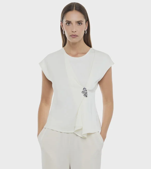 BCBG WRAP TOP WITH METAL BROOCH