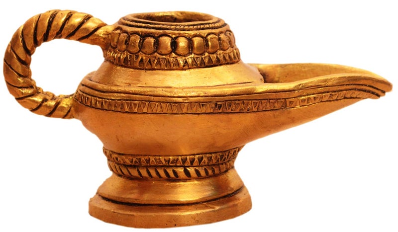 Purpledip Brass Lamp Anajli Holder: Magic Lamp Or Aladin's Chirag Shape Charan Amrit Vessel for Home Temple (10913) - Image 5