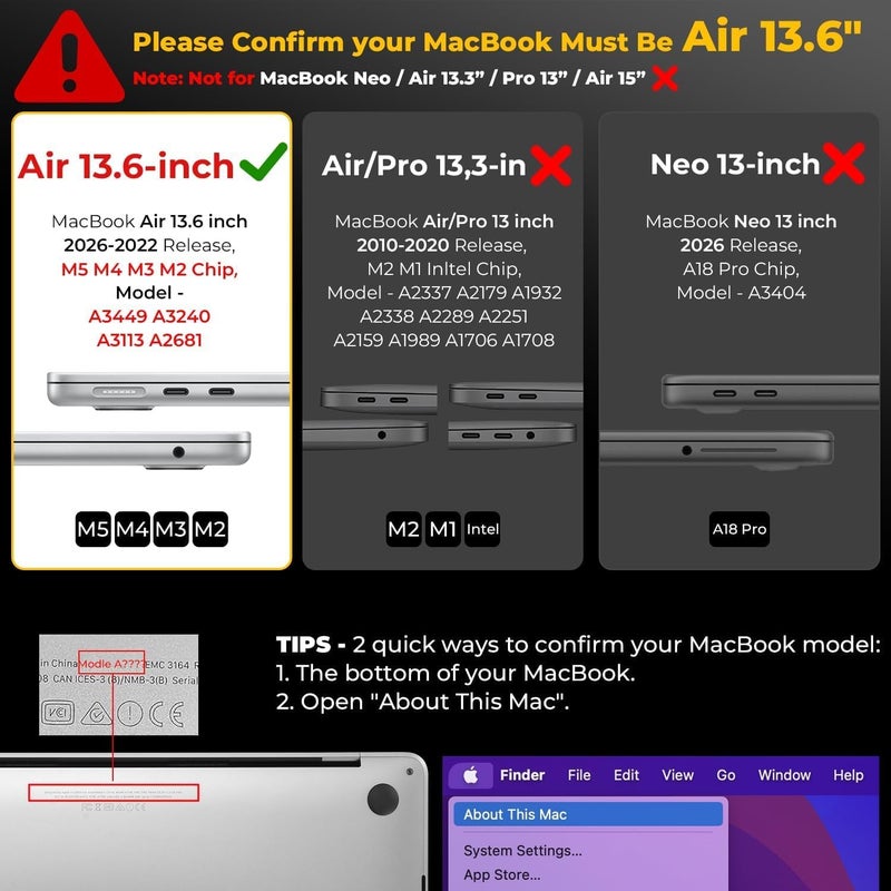 Case Compatible for MacBook Air 13.6 inch M5 M4 M3 M2 2026 2025-2022,A3449 A3240 A3113 A2681,[Ultra-Thin Matte Translucent],[Original Texture],Laptop Protective Hard Shell Cover-Midnight Black - Image 3
