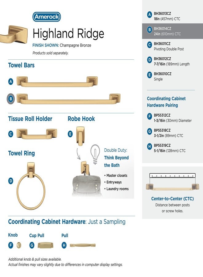 Amerock BH36014CZ | Champagne Bronze Towel Bar | 24 in (610 mm) Towel Rack | Highland Ridge | Bathroom Towel Holder | Bathroom Hardware | Bath Accessories - Image 4