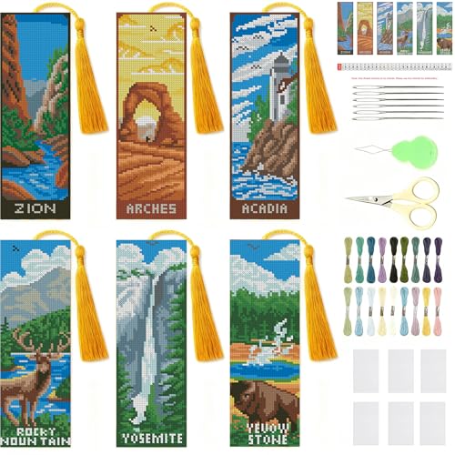 NEGEKFKX 6 Pcs National Park Cross Stitch Bookmark Kit for Adult Beginners,Cross Stitch Kits 14 CT DIY Crossstitch Kits Adult Stamped Bookmark Embroidery Bookmarks Kit - Image 1