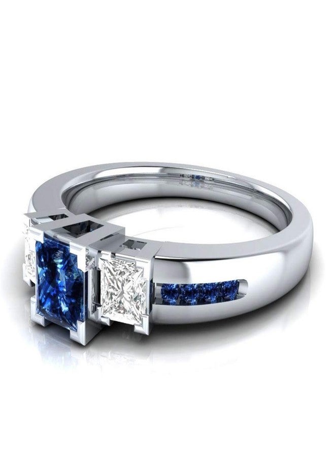 AZQ TZ Way 925 Sterling Silver Fashion Natural Ruby Sapphire Ring Square Perfect Cut 3-Stone Rainbow Cubic Zirconia Rings CZ Eternity Engagement Wedding Band Ring for Women (Blue, US Code 6) - Image 2