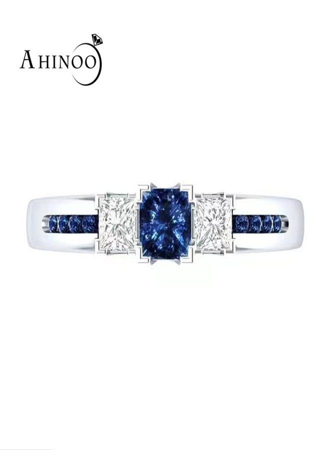 AZQ TZ Way 925 Sterling Silver Fashion Natural Ruby Sapphire Ring Square Perfect Cut 3-Stone Rainbow Cubic Zirconia Rings CZ Eternity Engagement Wedding Band Ring for Women (Blue, US Code 6) - Image 3