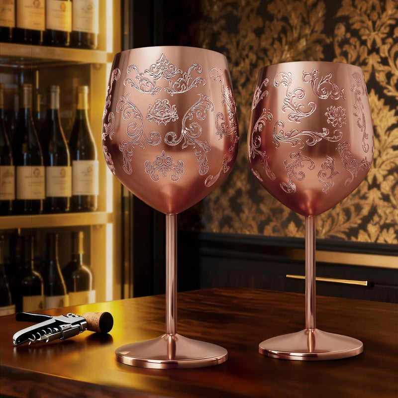 Lifecapido Stainless Steel Wine Glasses Set of 2, 18oz Etched Rose Gold Wine Goblets, Unique Wine Glasses with Intricate Baroque Engravings for Party Wedding Anniversary - Image 5