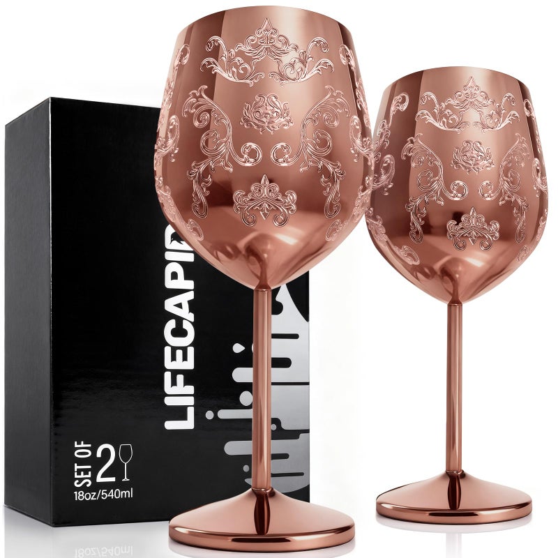 Lifecapido Stainless Steel Wine Glasses Set of 2, 18oz Etched Rose Gold Wine Goblets, Unique Wine Glasses with Intricate Baroque Engravings for Party Wedding Anniversary - Image 1