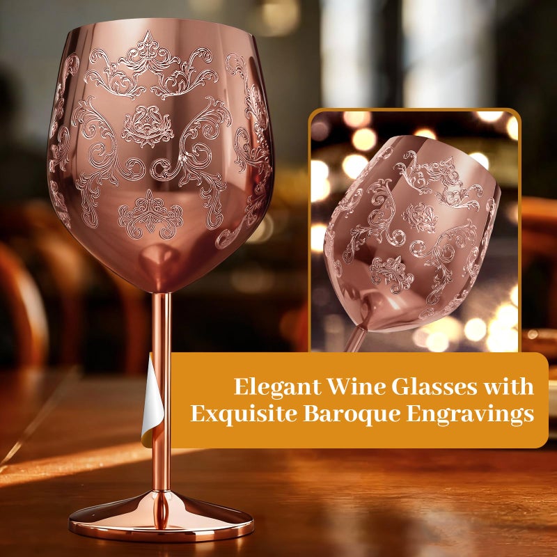 Lifecapido Stainless Steel Wine Glasses Set of 2, 18oz Etched Rose Gold Wine Goblets, Unique Wine Glasses with Intricate Baroque Engravings for Party Wedding Anniversary - Image 3
