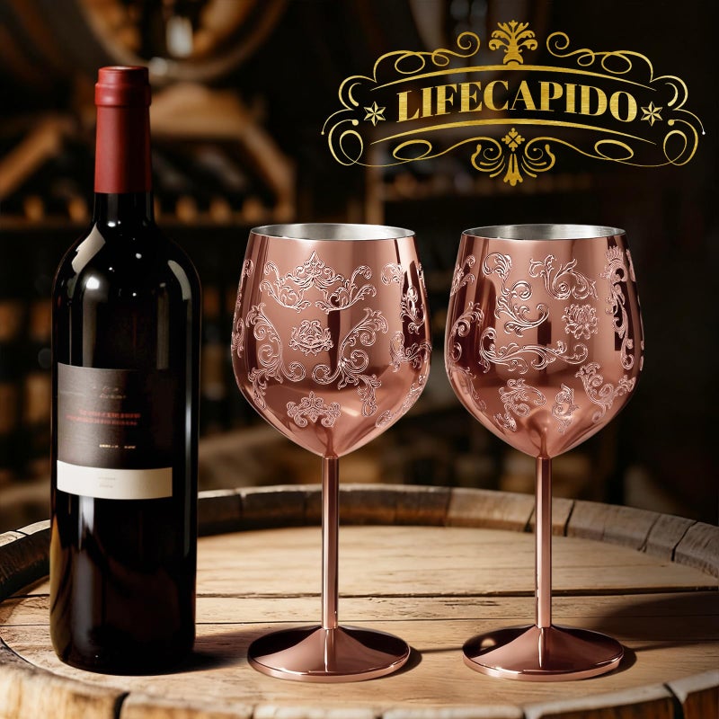 Lifecapido Stainless Steel Wine Glasses Set of 2, 18oz Etched Rose Gold Wine Goblets, Unique Wine Glasses with Intricate Baroque Engravings for Party Wedding Anniversary - Image 2