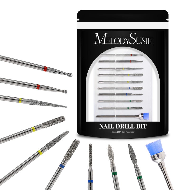 MelodySusie 10pcs Nail Drill Bits Set, 3/32 Inch Diamond Cuticle Nail Bits Kit for Nail Drill E-File, Manicure Pedicure Remover Tools for Acrylic Gel Nails, Salon Home Nail Care Supplies, Silver - Image 1