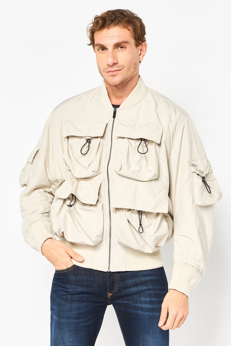 Selected Homme Men Oversized Solid Bomber Jacket, Beige - Image 1