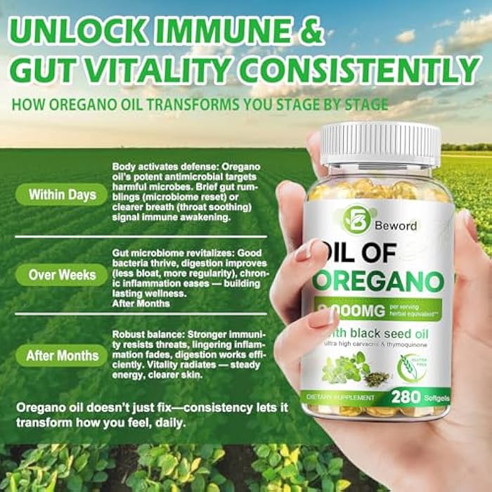 BEWORD Oil of Oregano with Black Seed Oil, 280 Softgels, 9000mg Per Serving – 2-in-1 Oregano Supplement for Immune Health with High Carvacrol & Thymoquinone | Plant-Based, Non-GMO - Image 4