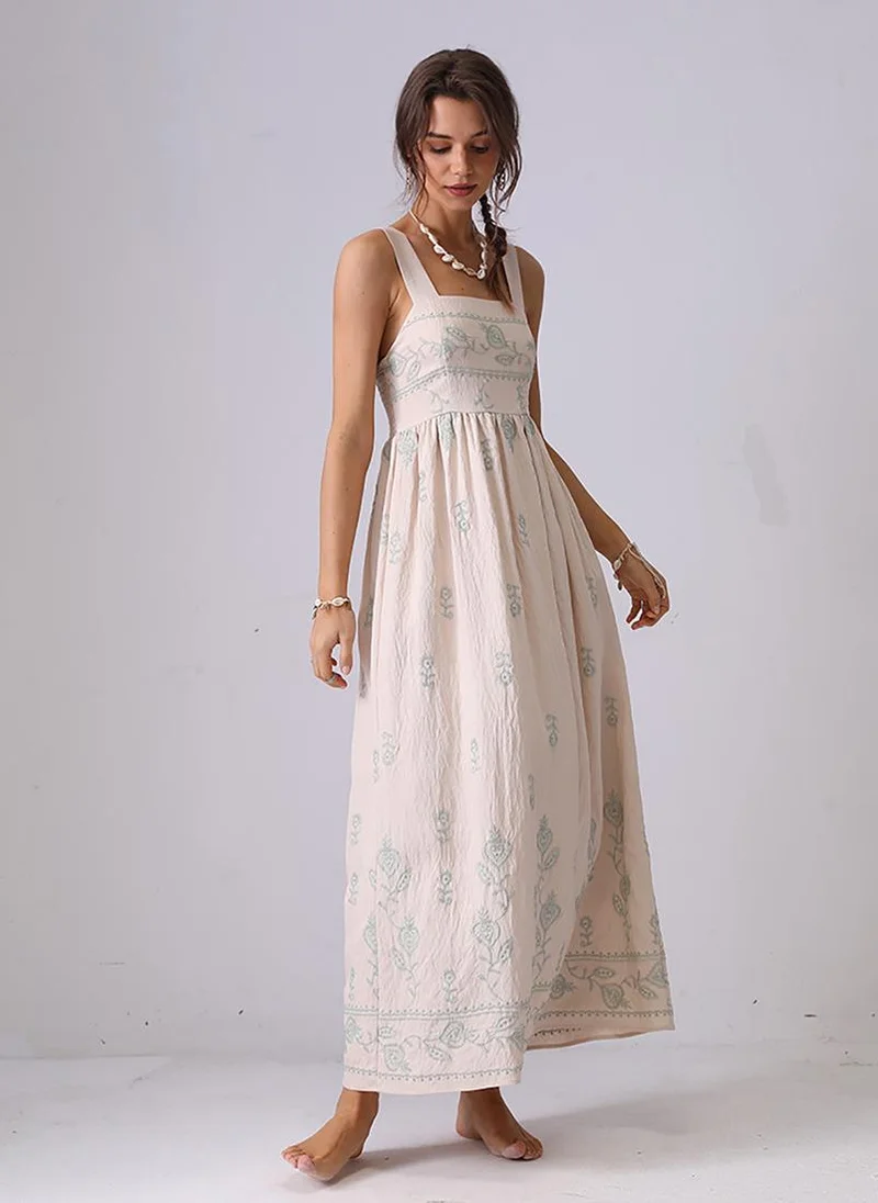 يونيكي Off White Fit and Flare Shoulder Straps Maxi Dress