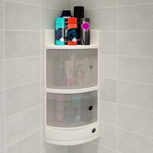 TRENDY Durable Plastic Bathroom SDX 3-Tier Corner Cabinet with Doors – Wall-Mounted Multipurpose Storage Shelf Unit (White) - Image 4