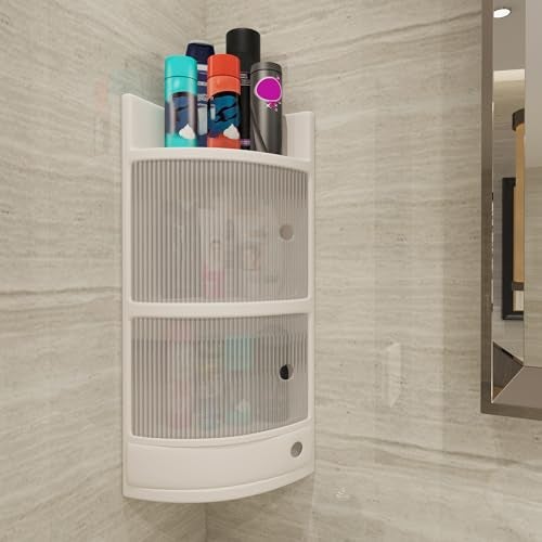 TRENDY Durable Plastic Bathroom SDX 3-Tier Corner Cabinet with Doors – Wall-Mounted Multipurpose Storage Shelf Unit (White) - Image 3