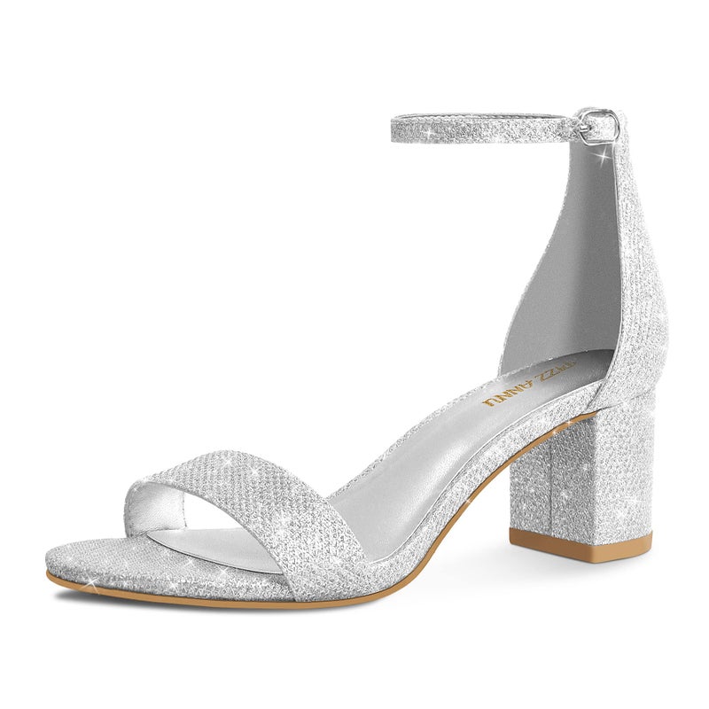 PIZZ ANNU Women's Low Block Heels 2 Inch Sandals Chunky Open Toe Ankle Strap Wedding Dress Pump Shoes For Women Brides Ladies, Silver Glitter 6.5 - Image 1