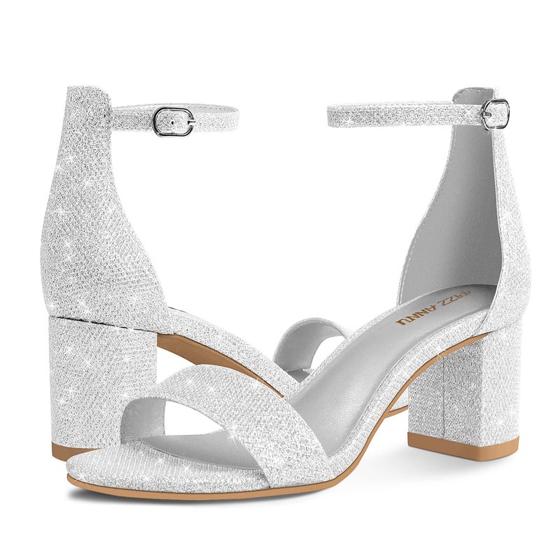 PIZZ ANNU Women's Low Block Heels 2 Inch Sandals Chunky Open Toe Ankle Strap Wedding Dress Pump Shoes For Women Brides Ladies, Silver Glitter 6.5 - Image 4