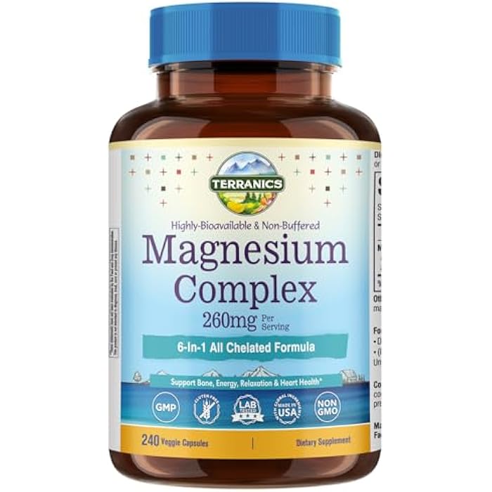 Terranics Magnesium Complex, 6-in-1, High Absorption, Glycinate, Citrate, Aspartate, Gluconate, Calmness, Heart, Bone, 240 Capsules, Non-Buffered - Image 1