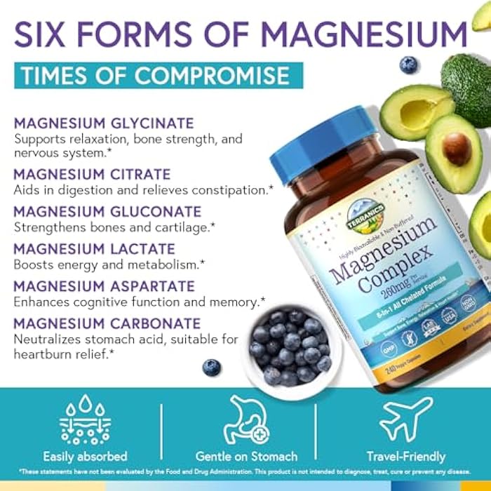 Terranics Magnesium Complex, 6-in-1, High Absorption, Glycinate, Citrate, Aspartate, Gluconate, Calmness, Heart, Bone, 240 Capsules, Non-Buffered - Image 5
