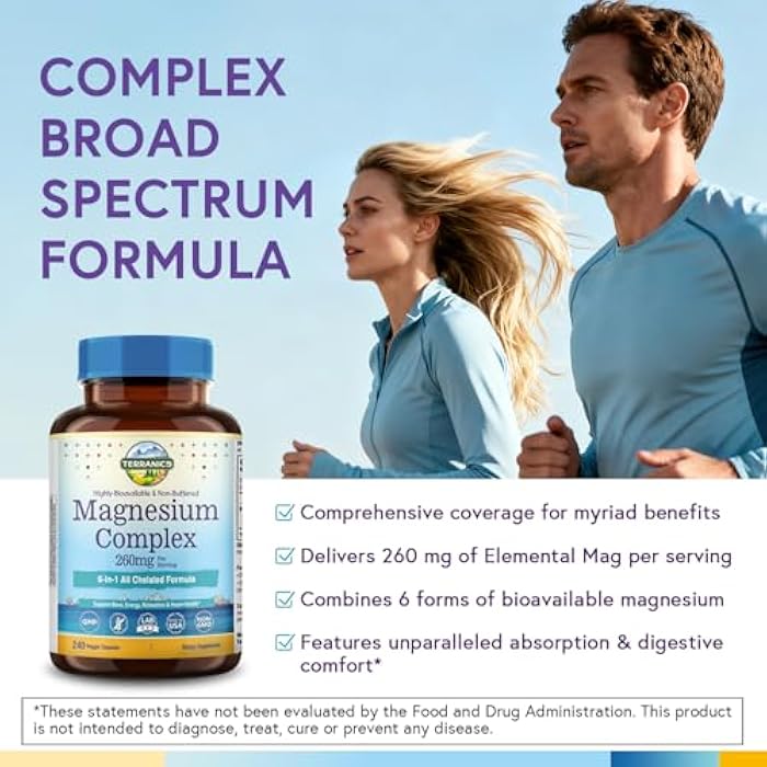 Terranics Magnesium Complex, 6-in-1, High Absorption, Glycinate, Citrate, Aspartate, Gluconate, Calmness, Heart, Bone, 240 Capsules, Non-Buffered - Image 3
