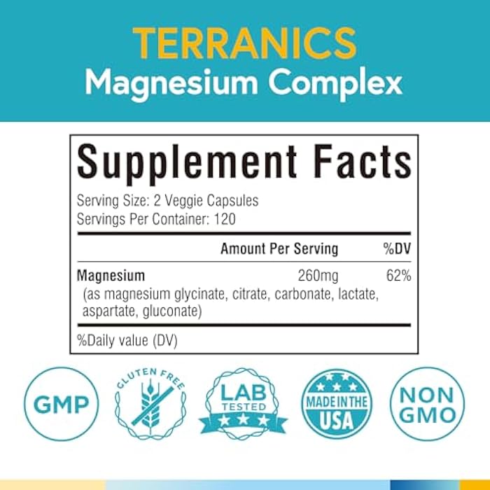 Terranics Magnesium Complex, 6-in-1, High Absorption, Glycinate, Citrate, Aspartate, Gluconate, Calmness, Heart, Bone, 240 Capsules, Non-Buffered - Image 2