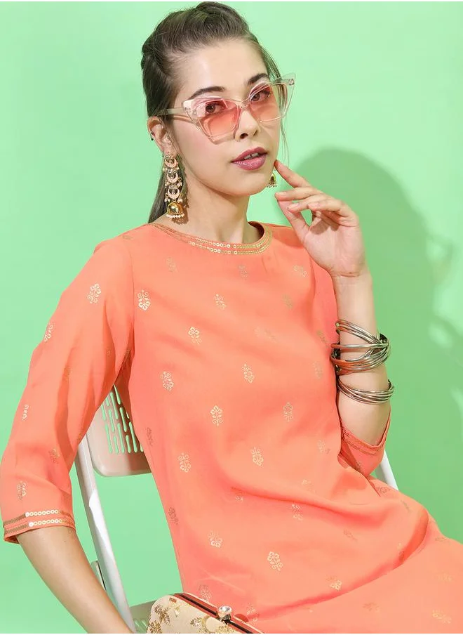 Vishudh Women Orange Geometric Embroidered Thread Work Georgette Kurta by Styli