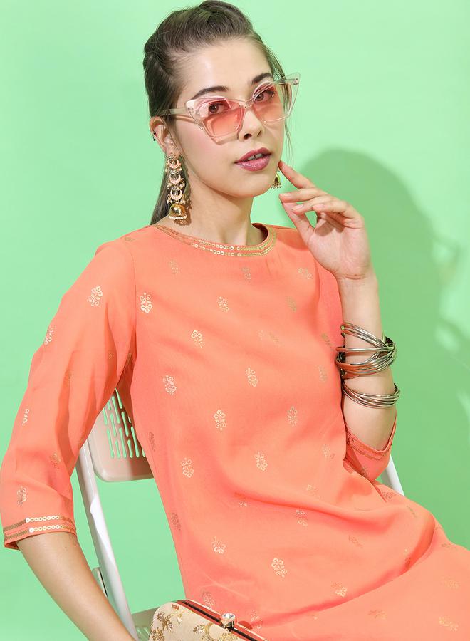 Vishudh Women Orange Geometric Embroidered Thread Work Georgette Kurta - Image 2