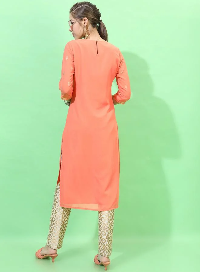 Vishudh Women Orange Geometric Embroidered Thread Work Georgette Kurta by Styli
