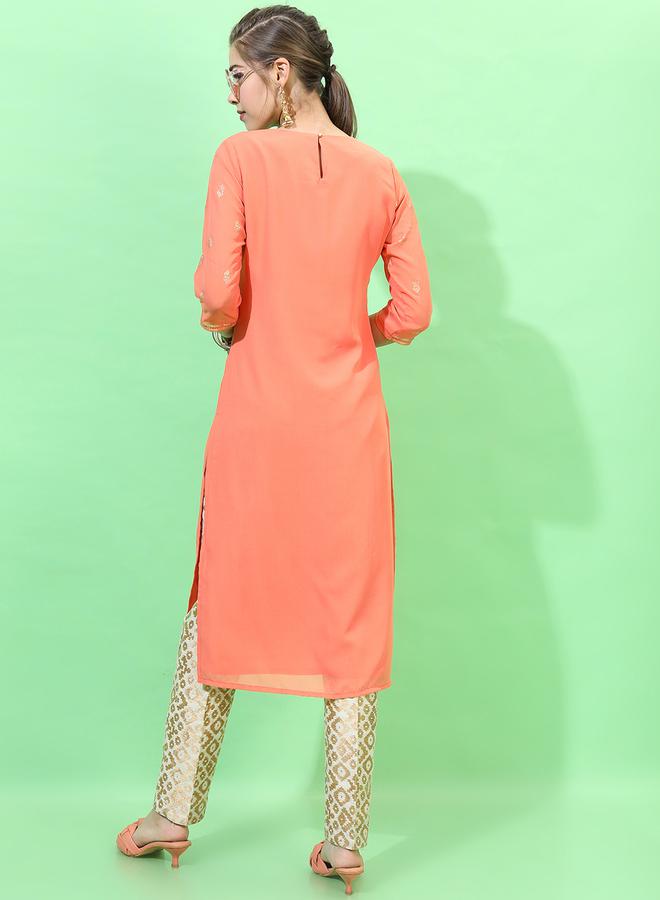 Vishudh Women Orange Geometric Embroidered Thread Work Georgette Kurta - Image 3